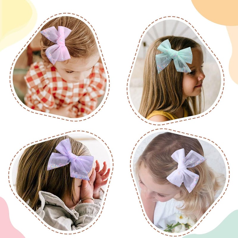 C.N. 6 PCS Tulle Hair Bows for Girls, Toddler Bows with Glitter Star Alligator, Colorful Hair Barrettes Wedding Hair Accessories for Baby Girls Infants Toddler Teens Party (Type D) - Image 2